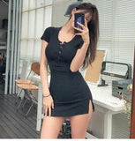woloong new buttons Summer Dress Black white Short Sleeve mini Dress Women Casual Slim High Elastic Bodycon Sexy Party Dresses Vestidos
