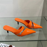 woloong  Summer New Women Slipper Fashion Brand Zipper Pointed Toe Slip On Ladies Elegant Mules Shoes Thin High Heel Slide
