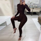 woloong Long Sleeve O-Neck Skinny Stretchy Solid Print Jumpsuit Summer Women Fashion Streetwear Romper