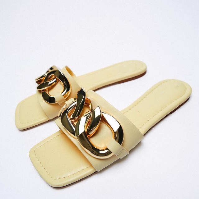 woloong   Classic Black Chain-decorated Women Slippers New Style Flat Fashion Sandals British Square Toe Comfortable Holiday Slippers Pink