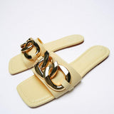 woloong   Classic Black Chain-decorated Women Slippers New Style Flat Fashion Sandals British Square Toe Comfortable Holiday Slippers Pink