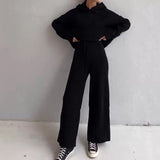 woloong  Casual Knit Hoodied With Pocket Two Piece Sets Women Solid Long Sleeve Top Wide Leg Pant Outfit Streetwear Tracksuit New