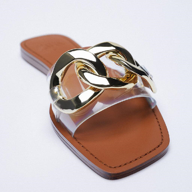 woloong   Classic Black Chain-decorated Women Slippers New Style Flat Fashion Sandals British Square Toe Comfortable Holiday Slippers Pink