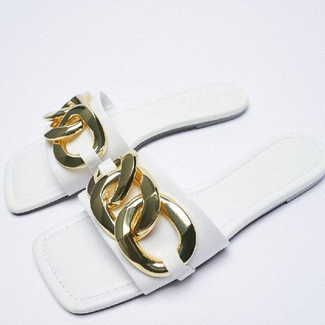 woloong   Classic Black Chain-decorated Women Slippers New Style Flat Fashion Sandals British Square Toe Comfortable Holiday Slippers Pink