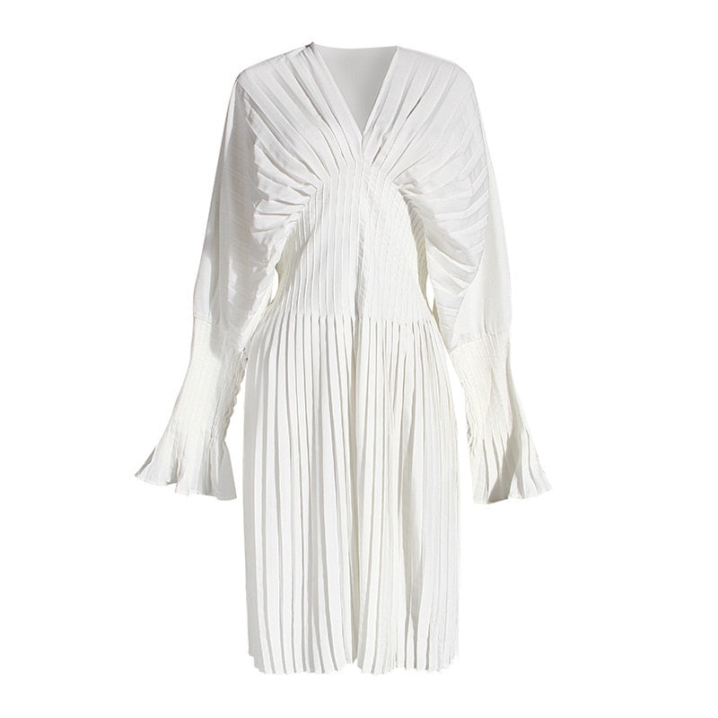 woloong Vintage Pleated Dress Women Flare Long Sleeve V Neck Dresses Female Fashion Clothes Spring Summer New