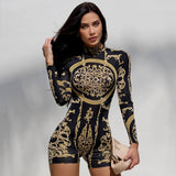 woloong  Classical Print O Neck Long Sleeve Playsuit New Year Sexy Slim Sports Elegant Casual Streetwear Concise Y2K