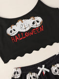 New Style Halloween Lady's Cartoon Pumpkin Print Camisole With Shorts Pajama Set Casual Home Wear Sleepwear Underwear Suits