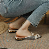 woloong  New Women Patchwork Slippers Genuine Leather High Heel Muels Slippers Sqaure Toe Mules Ladies Casual Summer Shoes Slippers