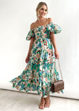 2025 New Popular trade women's clothing  2025 summer fashion off-the-shoulder lantern sleeves high-waisted one-word shoulder dress