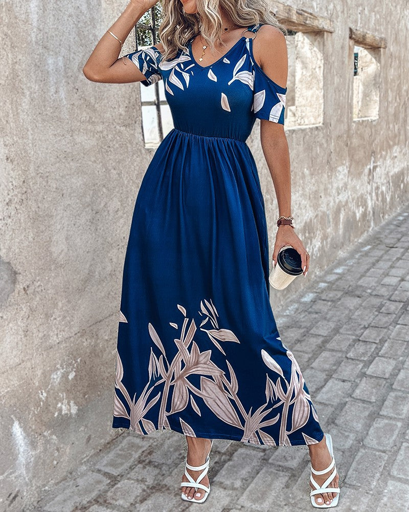 New Popular trade 2025 women's clothing popular summer fashion off-the-shoulder printing waist long dress pleated dress