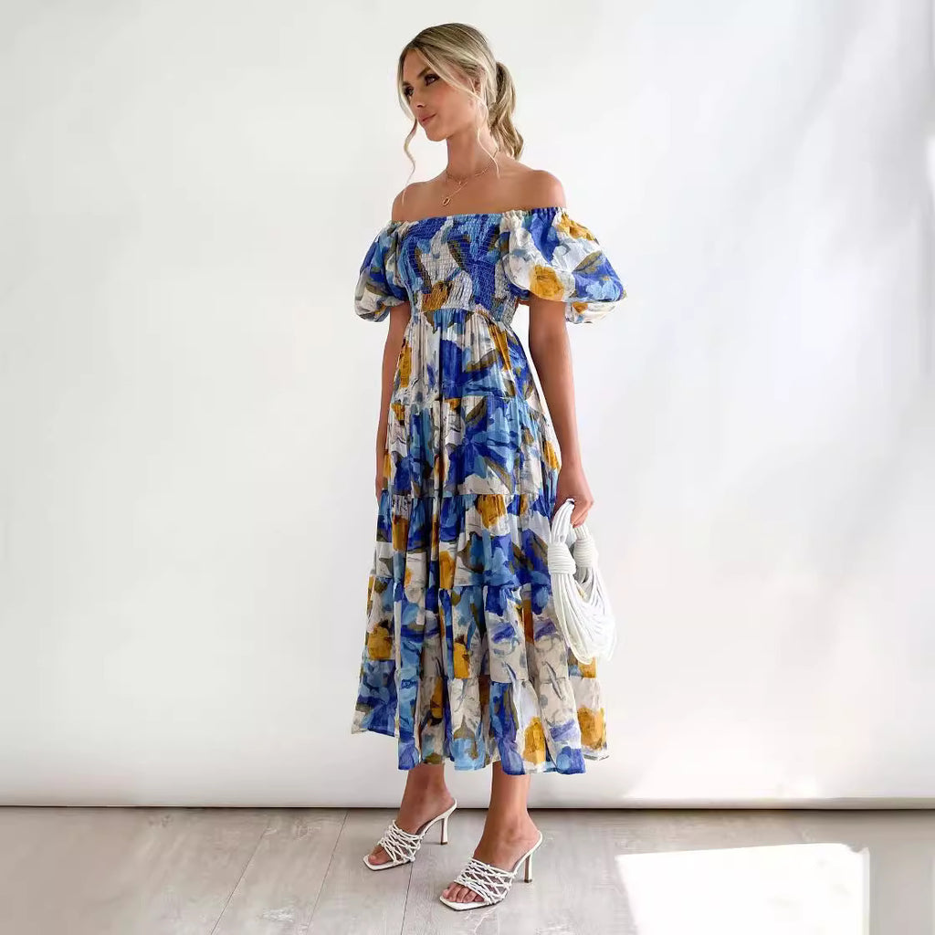 2025 New Popular trade women's clothing  2025 summer fashion off-the-shoulder lantern sleeves high-waisted one-word shoulder dress