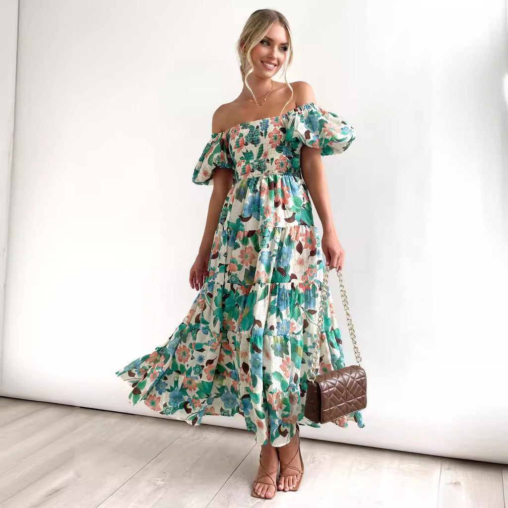2025 New Popular trade women's clothing  2025 summer fashion off-the-shoulder lantern sleeves high-waisted one-word shoulder dress