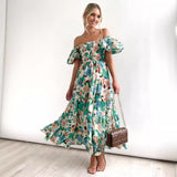 2025 New Popular trade women's clothing  2025 summer fashion off-the-shoulder lantern sleeves high-waisted one-word shoulder dress