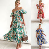 2025 New Popular trade women's clothing  2025 summer fashion off-the-shoulder lantern sleeves high-waisted one-word shoulder dress