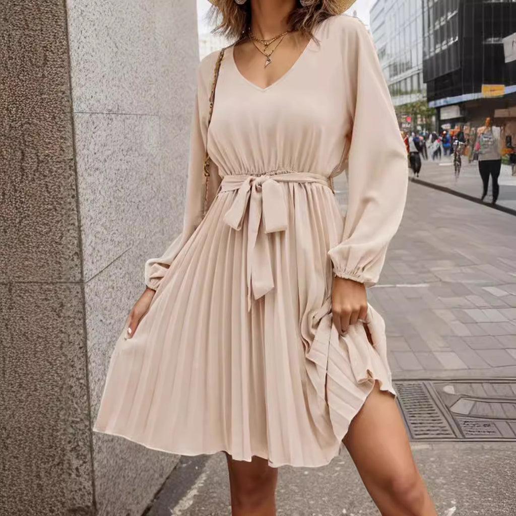 2025 Popular trade women's clothing popular  summer fashion V-neck long-sleeved lace-up waist pleated dress