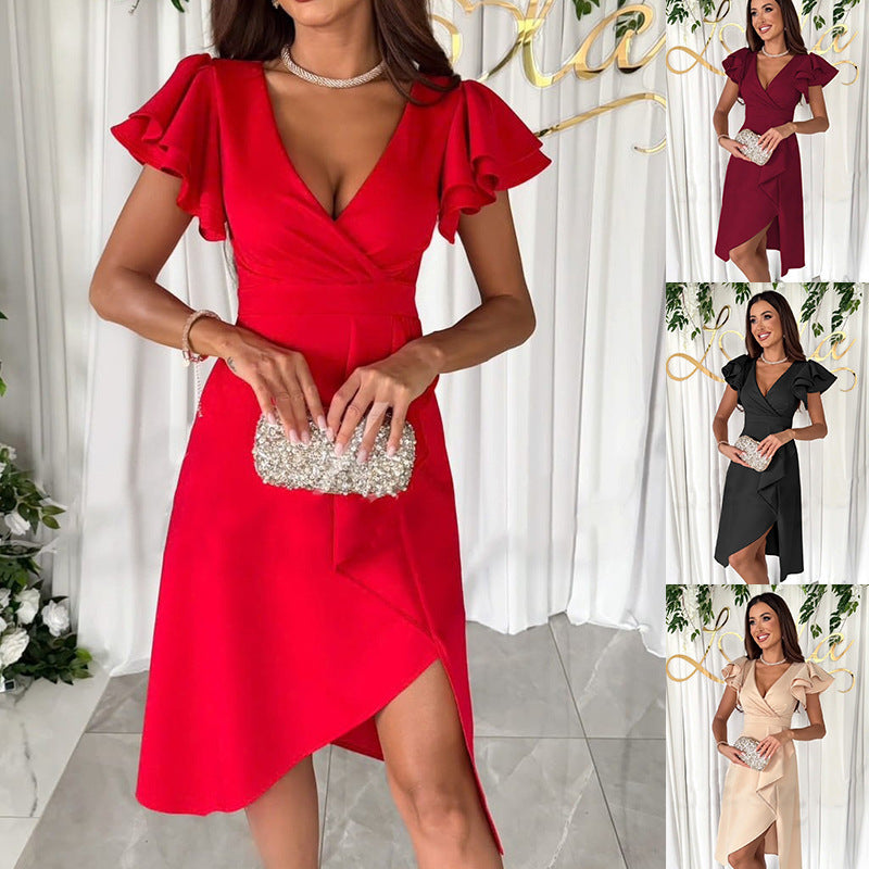 Popular trade 2025 women's clothing popular summer new sexy V-neck pleated waist lotus leaf sleeve solid color dress
