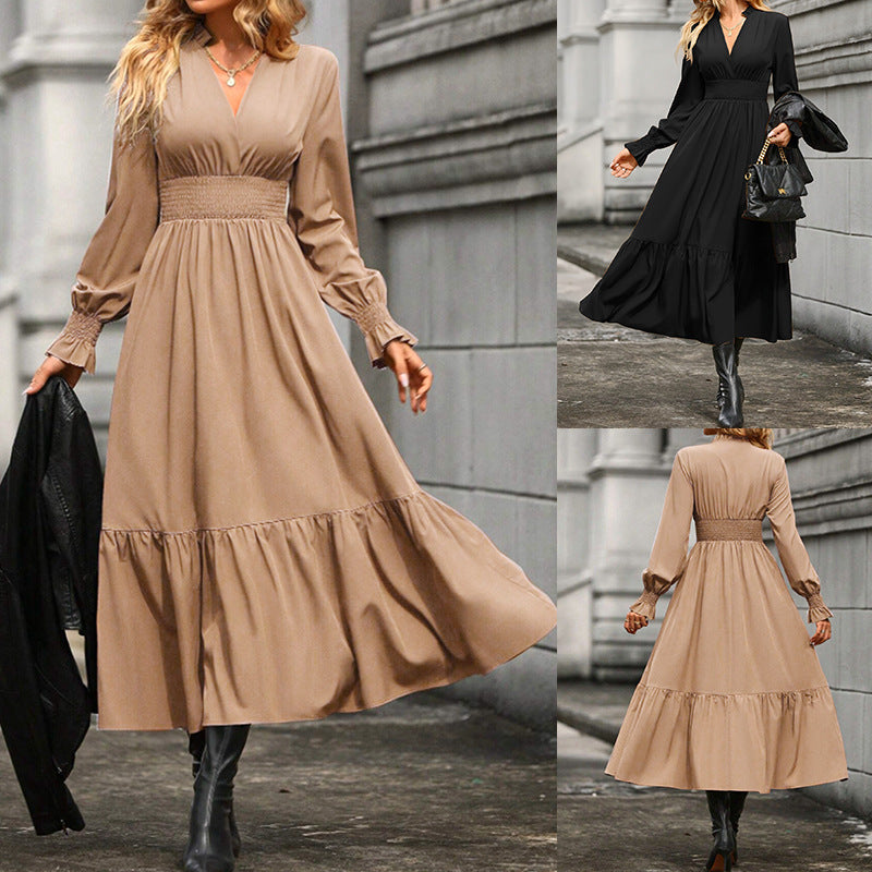 Popular trade 2025 women's clothing  popular spring and autumn fashion solid color lantern long-sleeved V-neck pendulum dress