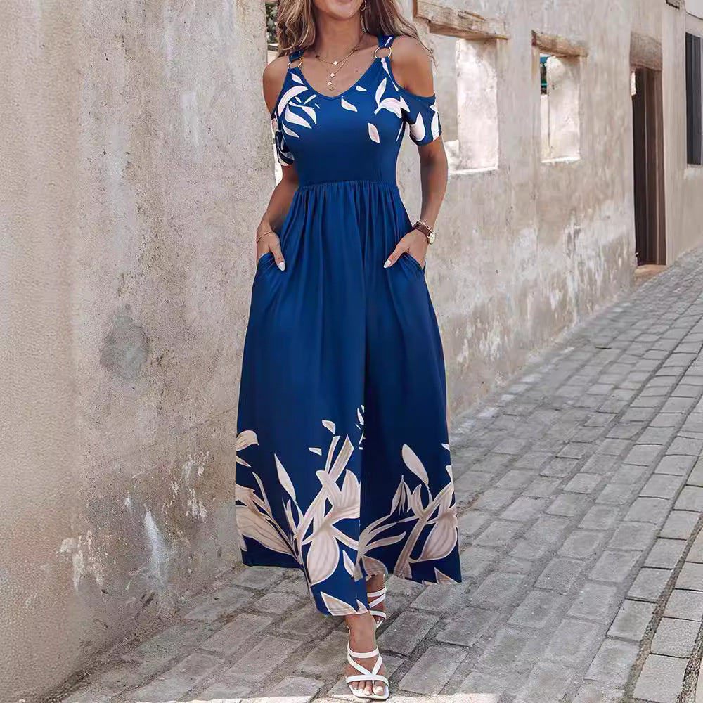 New Popular trade 2025 women's clothing popular summer fashion off-the-shoulder printing waist long dress pleated dress