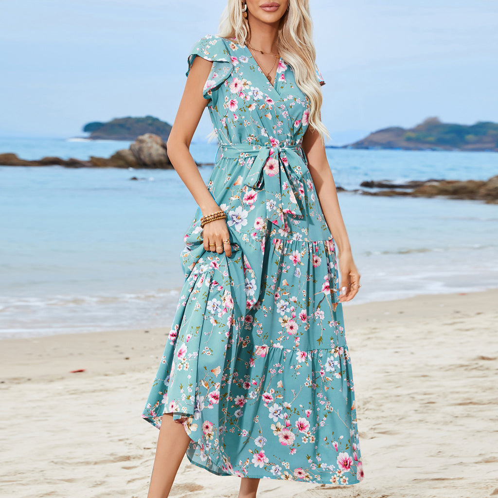 Popular trade women's popular summer girdle V-neck short-sleeved dress Bohemian vacation beach dress