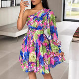 New Popular trade 2025 women's clothing popular summer fashion diagonal neck off-the-shoulder pleated waist printed dress
