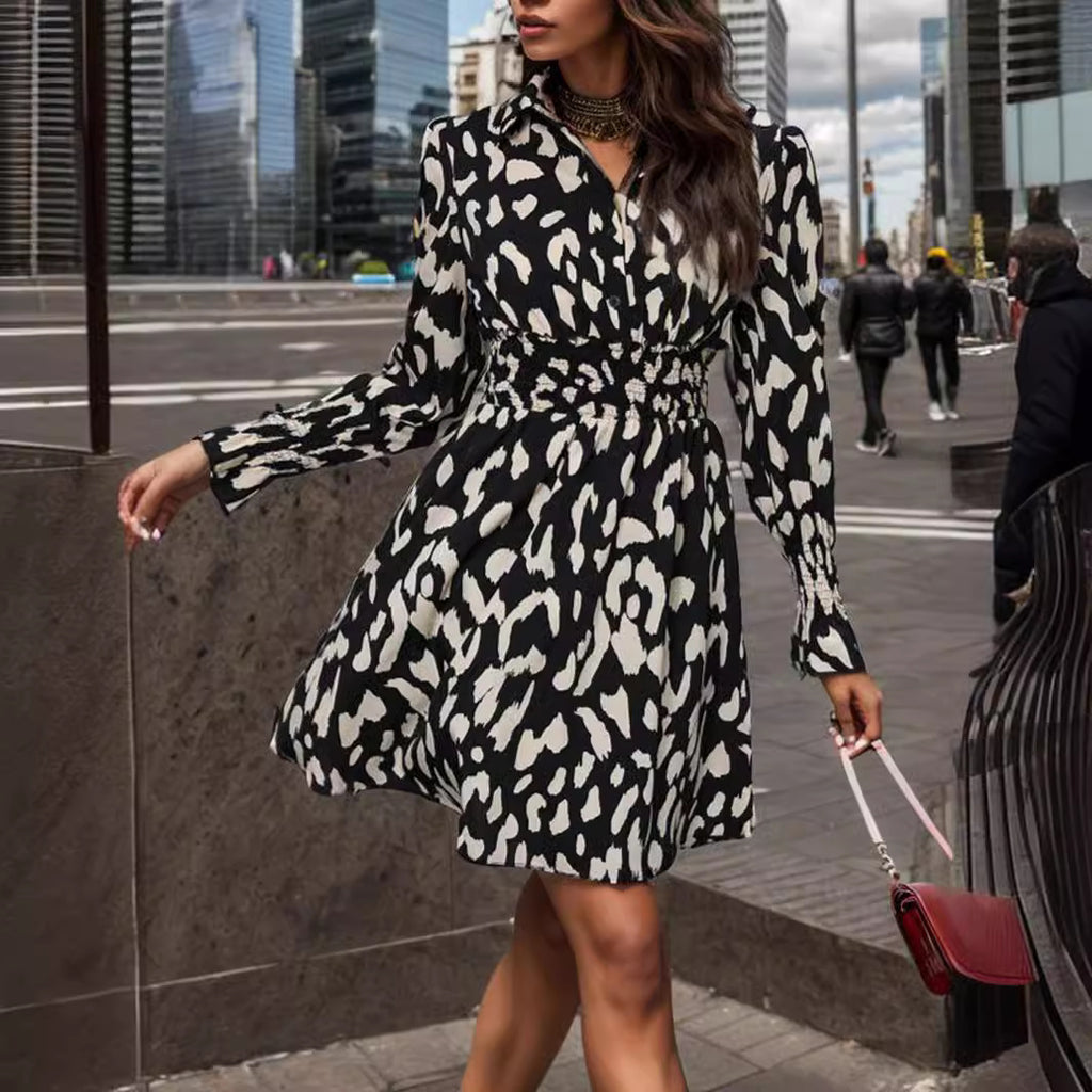 New  Hot Trade 2025 Women's Clothing popular Summer Lapel Three Button Long Sleeve Leopard Print Dress