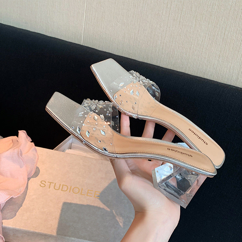 WOLOONG Unique Summer Square Toe Transparent Crystal Heels