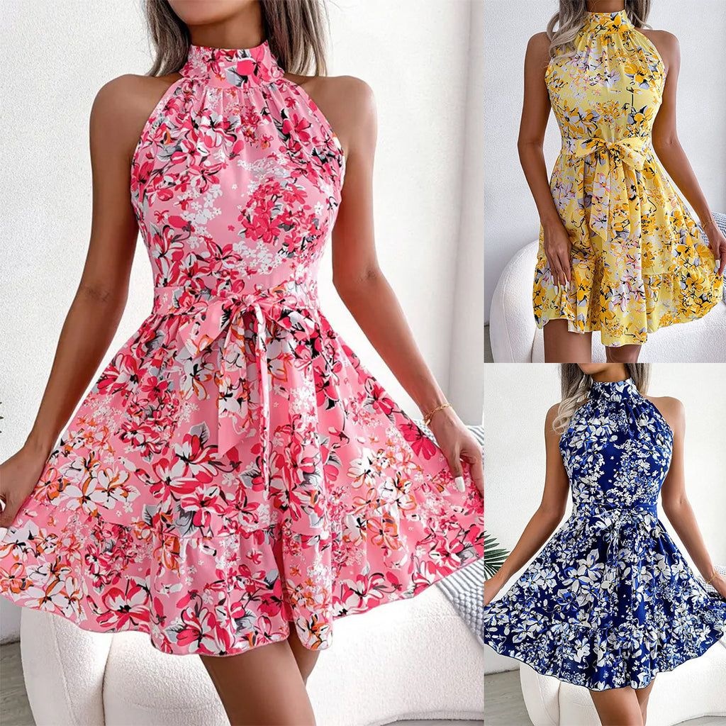 New Popular trade 2025 women's clothing popular summer sleeveless neck skirt lace-up waist floral dress