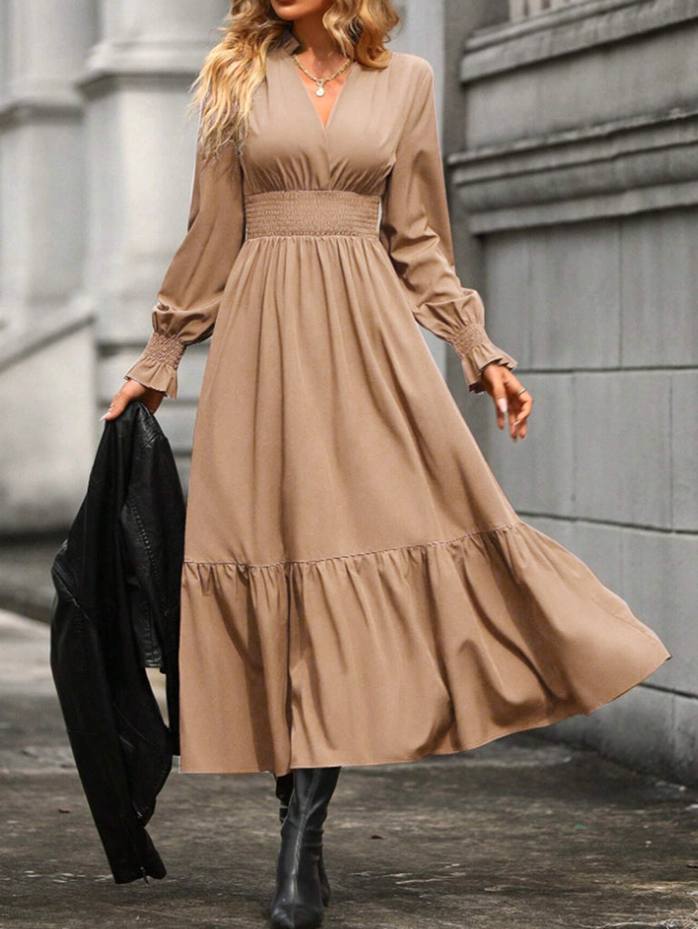 Popular trade 2025 women's clothing  popular spring and autumn fashion solid color lantern long-sleeved V-neck pendulum dress