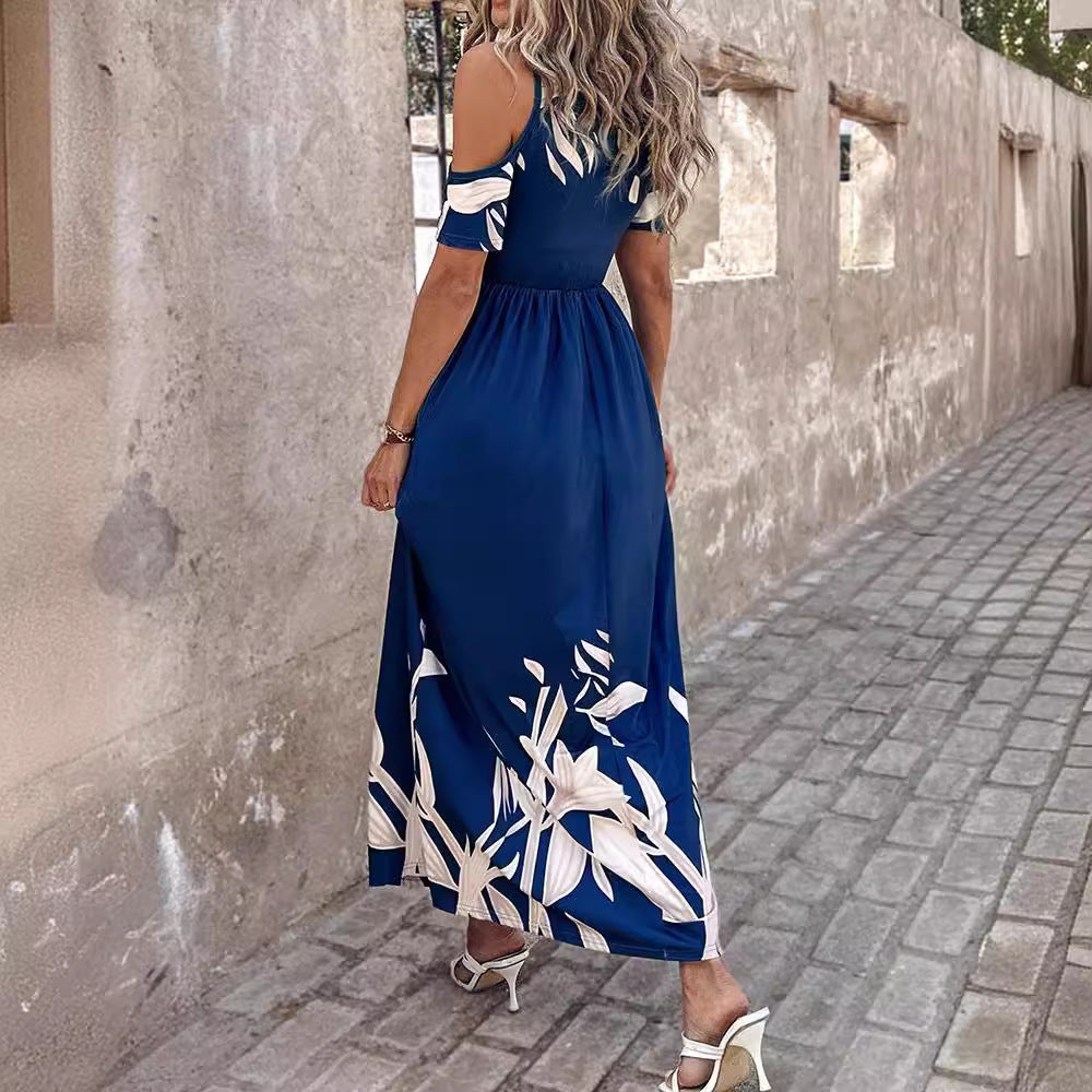 New Popular trade 2025 women's clothing popular summer fashion off-the-shoulder printing waist long dress pleated dress