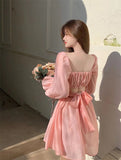 woloong  Pink Sweet Elegant Princess Dress Women Casual Korean Slim Long Sleeve Fairy Dress Female Backless Design Vintage Dress New