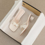 WOLOONG Women's Chunky French Style Temperament Pearl High Heels