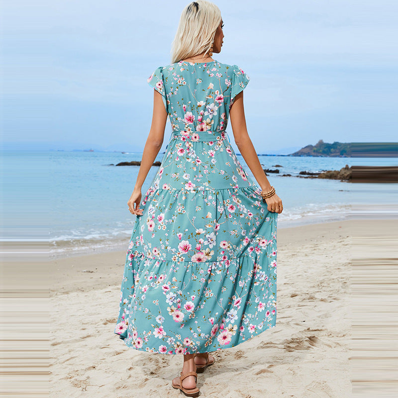 Popular trade women's popular summer girdle V-neck short-sleeved dress Bohemian vacation beach dress