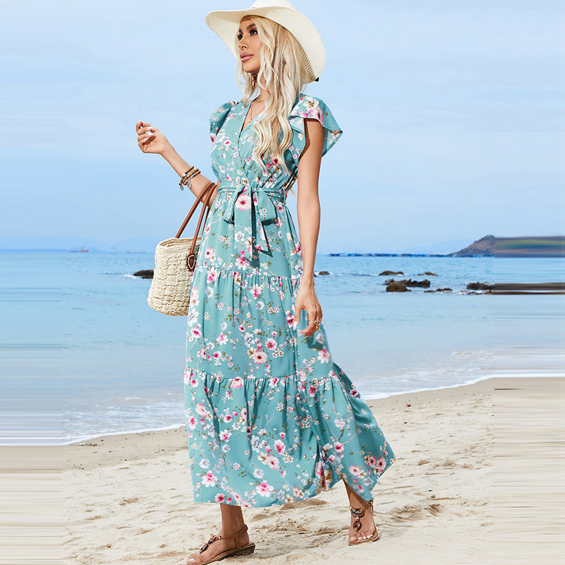 Popular trade women's popular summer girdle V-neck short-sleeved dress Bohemian vacation beach dress