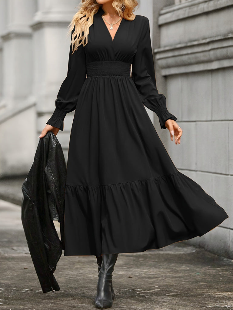 Popular trade 2025 women's clothing  popular spring and autumn fashion solid color lantern long-sleeved V-neck pendulum dress