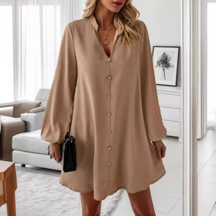 Popular trade 2025 women's clothing popular   spring and summer long-sleeved V-neck single-breasted loose dress