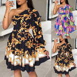 New Popular trade 2025 women's clothing popular summer fashion diagonal neck off-the-shoulder pleated waist printed dress