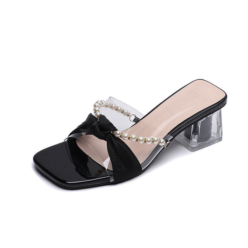 WOLOONG Women's Chunky French Style Temperament Pearl High Heels