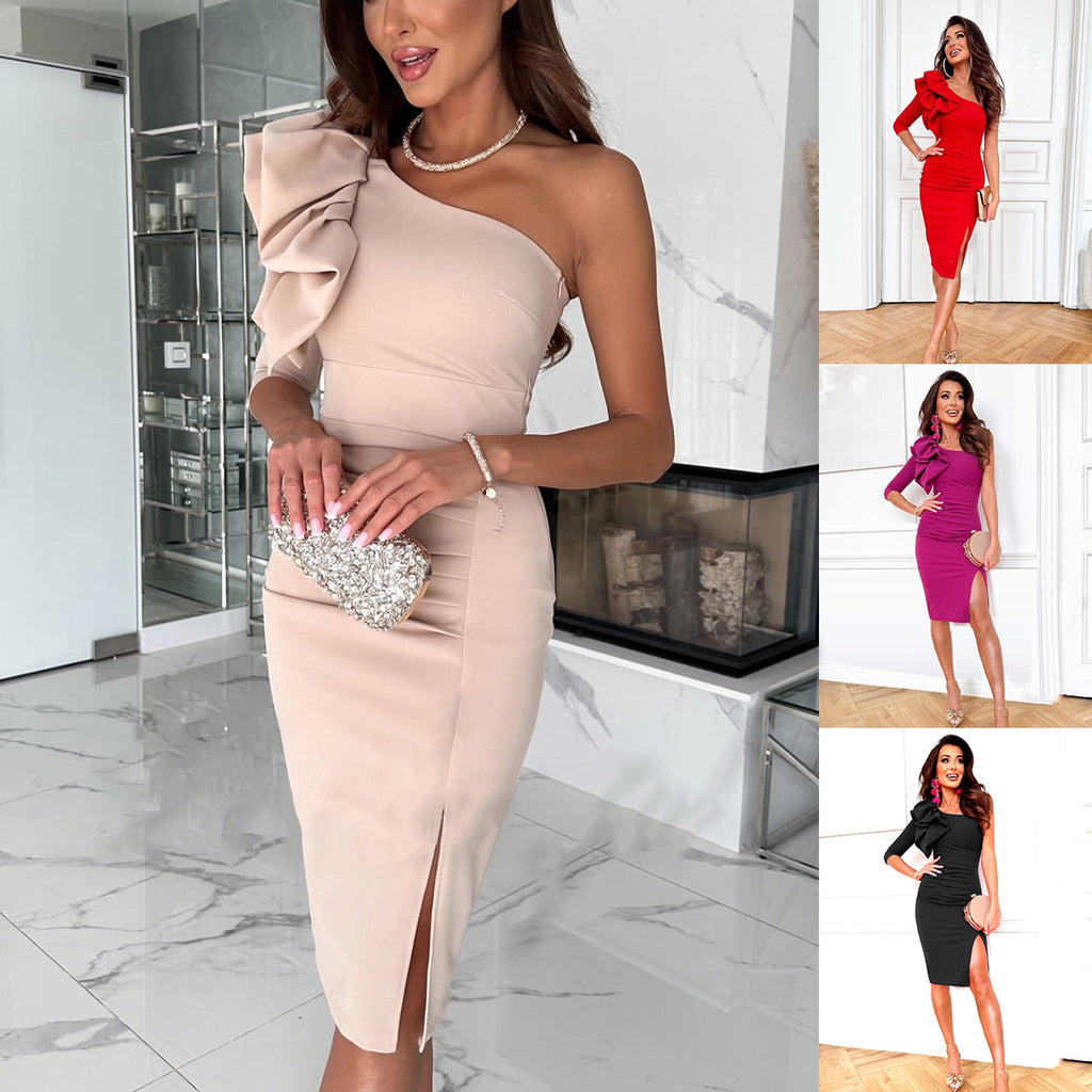 Popular trade 2025 women's clothing popular summer solid color diagonal collar sexy off-the-shoulder pleated waist split dress
