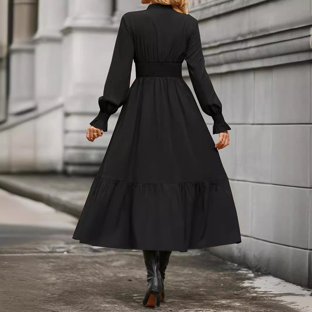 Popular trade 2025 women's clothing  popular spring and autumn fashion solid color lantern long-sleeved V-neck pendulum dress