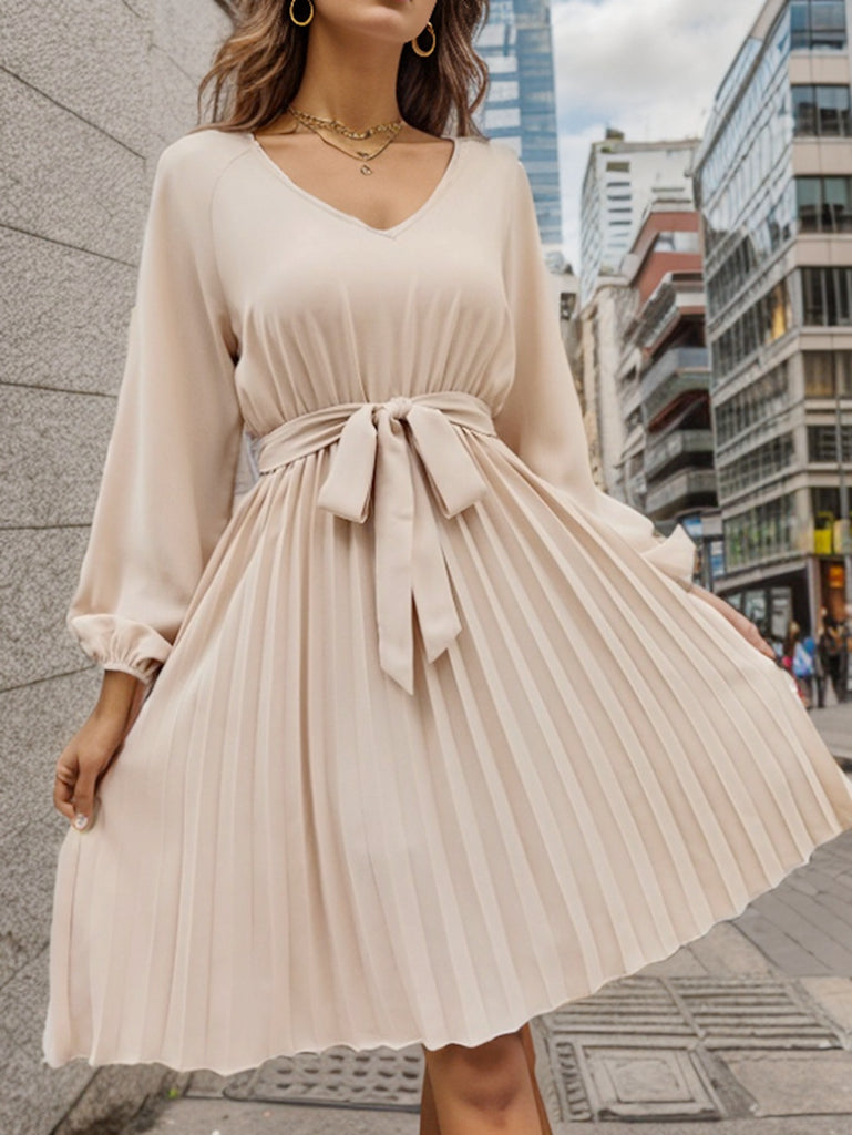 2025 Popular trade women's clothing popular  summer fashion V-neck long-sleeved lace-up waist pleated dress