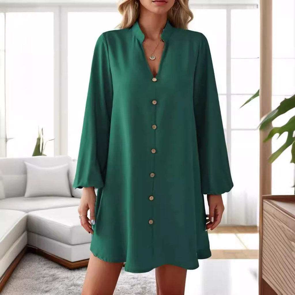 Popular trade 2025 women's clothing popular   spring and summer long-sleeved V-neck single-breasted loose dress