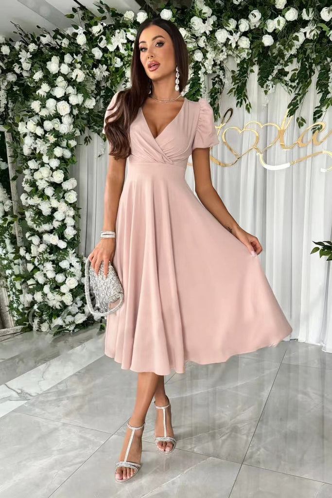 Popular trade 2025 women's clothing popular summer solid color sexy V-neck pleated waist bubble sleeve big pendulum dress