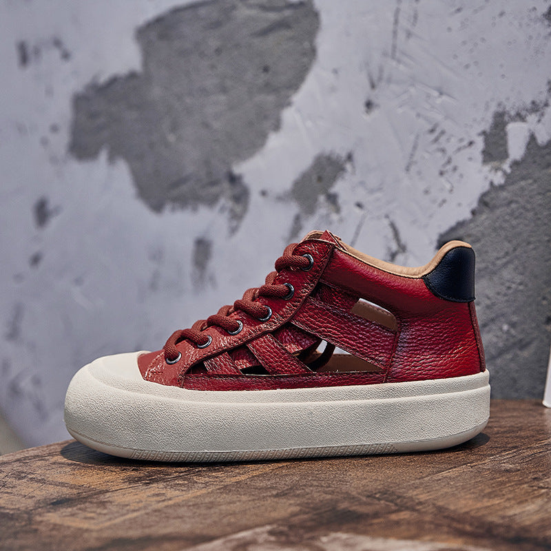 woloong Women's Retro Versatile Roman Breathable Red High Sneakers