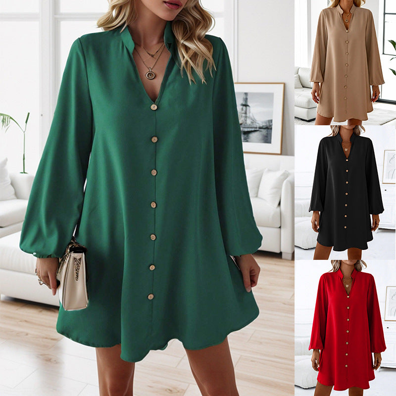 Popular trade 2025 women's clothing popular   spring and summer long-sleeved V-neck single-breasted loose dress