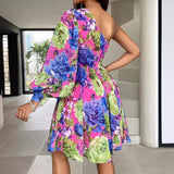New Popular trade 2025 women's clothing popular summer fashion diagonal neck off-the-shoulder pleated waist printed dress