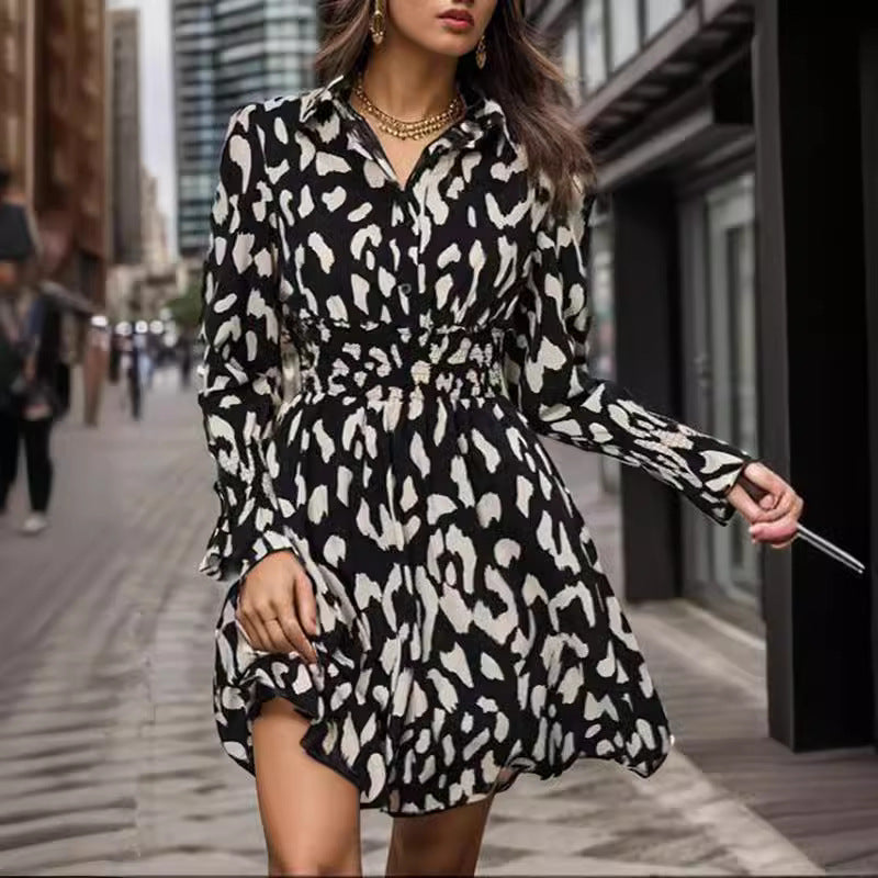 New  Hot Trade 2025 Women's Clothing popular Summer Lapel Three Button Long Sleeve Leopard Print Dress