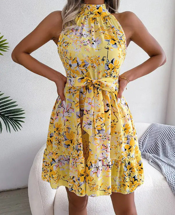 New Popular trade 2025 women's clothing popular summer sleeveless neck skirt lace-up waist floral dress