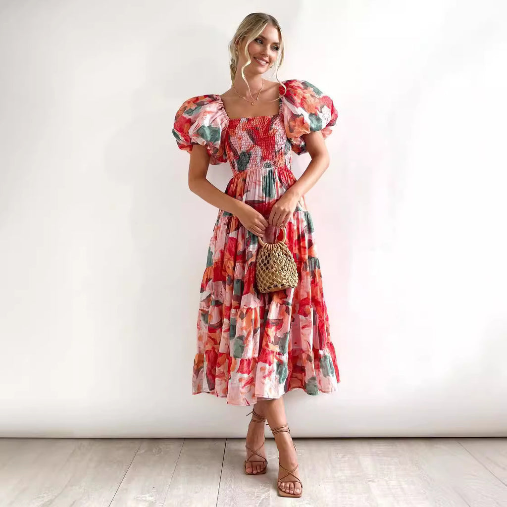 2025 New Popular trade women's clothing  2025 summer fashion off-the-shoulder lantern sleeves high-waisted one-word shoulder dress