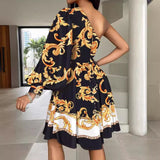 New Popular trade 2025 women's clothing popular summer fashion diagonal neck off-the-shoulder pleated waist printed dress