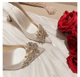 woloong Spring New White Women Bridal Wedding Shoes Faux Silk Satin Rhinestone Crystal Shallow Pumps Stiletto High Heel T